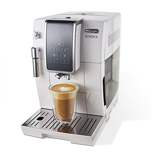 White De'Longhi Dinamica Automatic Coffee & Espresso Machine with Burr Grinder and TrueBrew for Iced-Coffee.