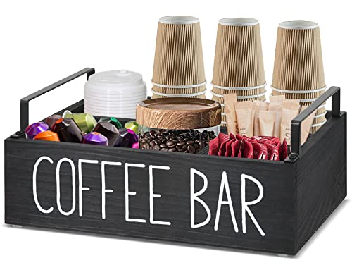 Wooden Coffee Station Organizer with Handle - Perfect for Farmhouse Coffee Bar Decor and K-Cup Storage.