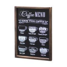 Rustic wood coffee menu sign with “Coffee Menu Know Your Coffee” text and espresso cup illustrations, perfect for home or cafe decor. 