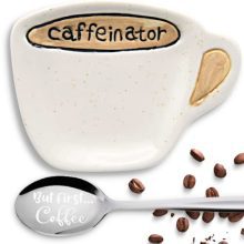 "Caffeinator" Coffee Spoon Rest with Engraved Spoon - Coffee Bar Accessories