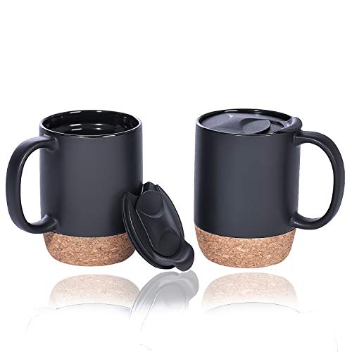 Coffee Mug Set of two, 15 OZ Giant Coffee Mugs with Deal with for Tea, Ceramic Mug with Cork Bottom and Lid, Coffee Cups for Girls and Males (Black).