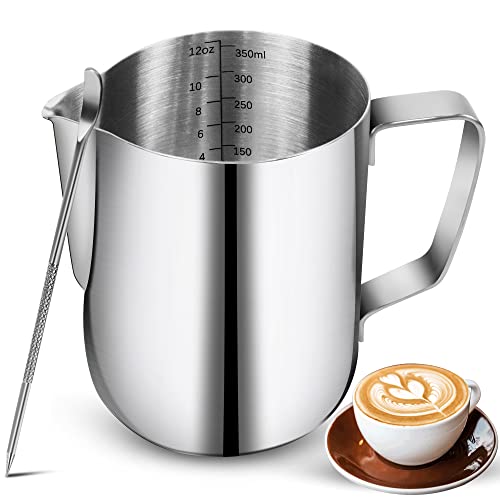 Milk Frothing Pitchers 12oz, Stainless Metal Espresso Steaming pitchers with Adorning Pen Coffee Milk Frother Cup with Scale Cappuccino Latte Artwork Barista Steam Pitchers Milk Frother Cup.