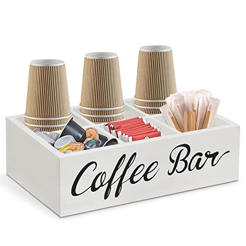 Rustic Coffee Bar Organizer: Featuring the Beautiful Words "Coffee Bar", this Coffee Station Organizer has a White Finish for a Warm Farmhouse Look. With Specifically Designed Removable Dividers for Customization.