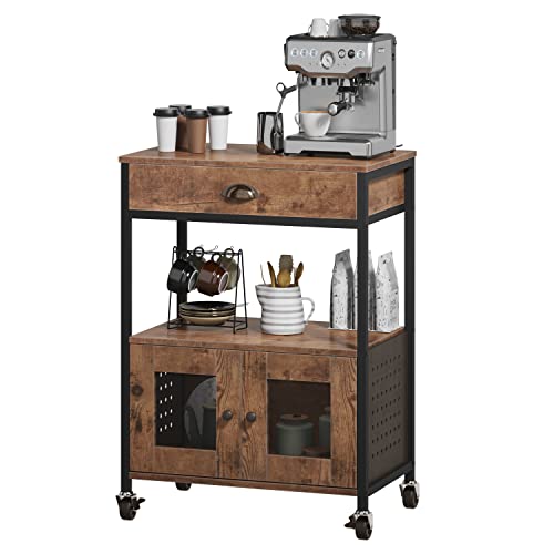 Rustic Brown Industrial Coffee Cart - Wooden Buffet Cabinet with Storage, Doors, Drawers, and Wheels for Kitchen or Coffee Bar.