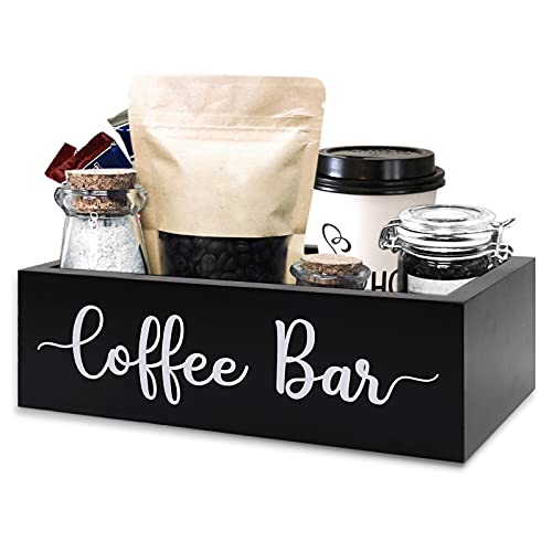 Coffee Bar Wooden Box - Coffee Station Holder for Farmhouse Kitchen Decor - Black Coffee Bar Wood Organizer Storage - Perfect Gift for Coffee Lovers.