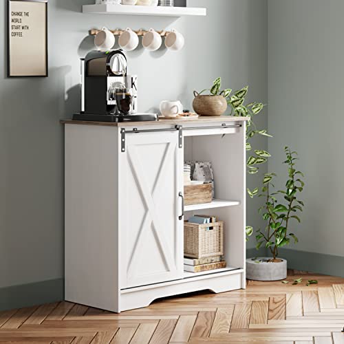 Modern White Farmhouse Coffee Bar Cabinet with Sliding Barn Door and Storage Shelf - Perfect for Dining Room and Kitchen.