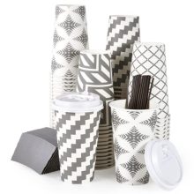 16oz Disposable Paper Coffee Cups with Lids, Sleeves, and Straws (100 Pack) - 4 Designs for Hot Drinks at Home, Shops, and Cafes.