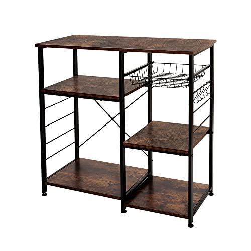 Rustic Brown Kitchen Rack and Microwave Stand with Wire Basket, Hooks, and Easy Assembly.