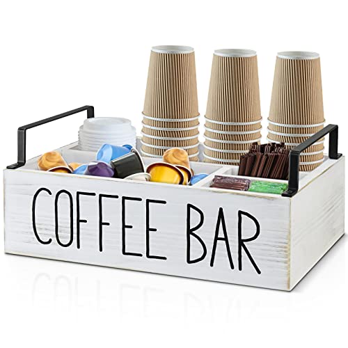 White Coffee Pod Holder with Handle, Wooden Organizer for Coffee Bar Accessories and K-Cup Storage.
