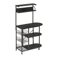 Portable 4 Tier Kitchen Storage Rack with Adjustable Wheels and Side Hooks - Ideal for Coffee Station and Multipurpose Use - Black