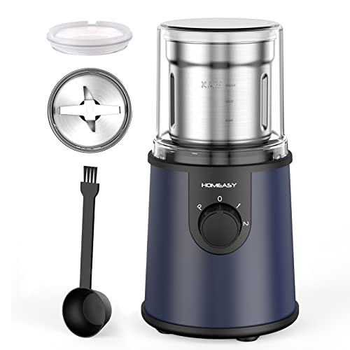 Navy Blue Electric Coffee & Spice Grinder with 304 Stainless Steel Blades and Removable Bowls - 350W, 110-120V.