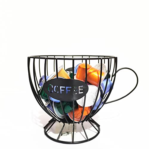K Cup Coffee Pod Basket - Wire Mug Form Coffee Pods Holder - Capsule Pod, Fruit, Snacks Storage Organizer for Counter Coffee Desk Bar Black (Cup form)