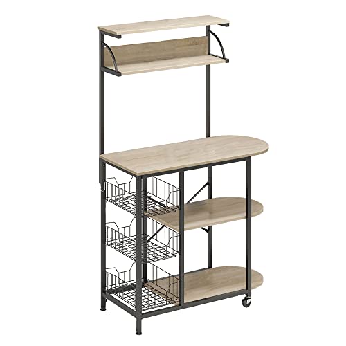 Oak 4-Tier Utility Baker's Rack and Coffee Station with Adjustable Wheels and Side Hooks - Portable and Multipurpose Kitchen Storage Solution.