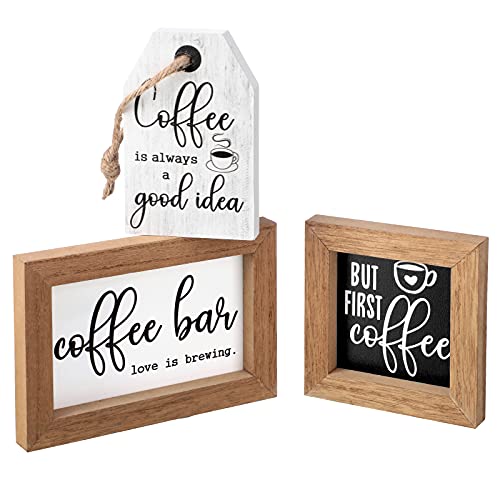 3 Pieces Mini Coffee Bar Sign Farmhouse Coffee Wooden Sign But First Coffee Wood Sign Chocolate Framed Sign Rustic Wood Coffee Table Sign Vintage Kitchen Wood Plaque for Tier Tray Decor (Coffee).