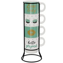 American Atelier Ceramic Green Multi-color Mug & Rack - 4 Cups & Standing Metal Rack for Kitchen Countertop