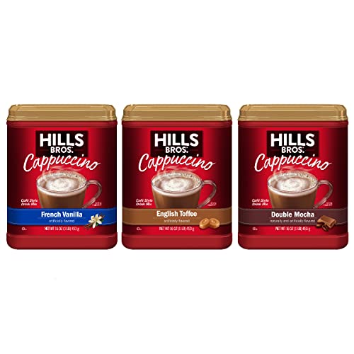 Hills Bros Cappuccino Mix Variety Pack - French Vanilla, English Toffee, and Double Mocha Flavors - Instant Coffee Beverage Mix (3 Count).