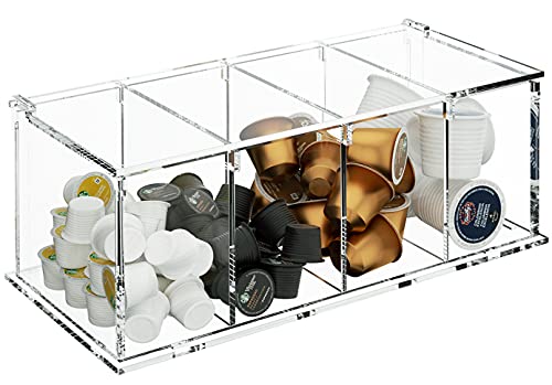 Clear Acrylic Coffee Capsule Holder with Lid - 4 Compartments Organizer for K Cup Storage - Perfect Coffee Bar Accessory.