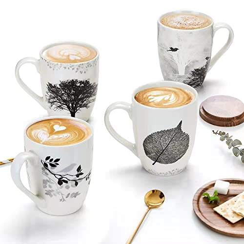 Enjoy a Cozy Cup of Cheer with Our Set of 4 Ceramic Mugs - 12 oz Capacity with Unique Tree Pattern Designs on Each Cup.