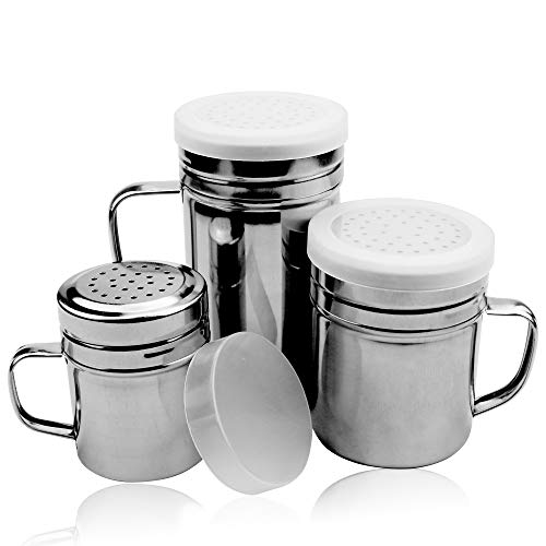 Stainless Steel Seasoning Shaker Set - 3 Bottles with Handles and Lids for Spices, Powder, Sugar, Popcorn, and Salt - 3 Sizes Included.