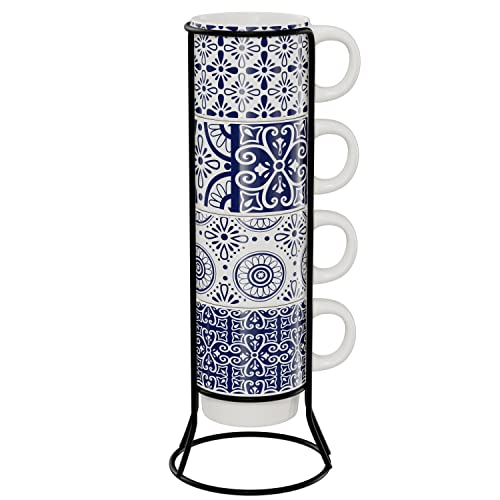 Medallion Blue Ceramic Coffee Mug Set with Stackable Coffee Mug Rack - 14oz Capacity for Home or Office, American Atelier Coffee Cup Set of 4 with Decorative Design.