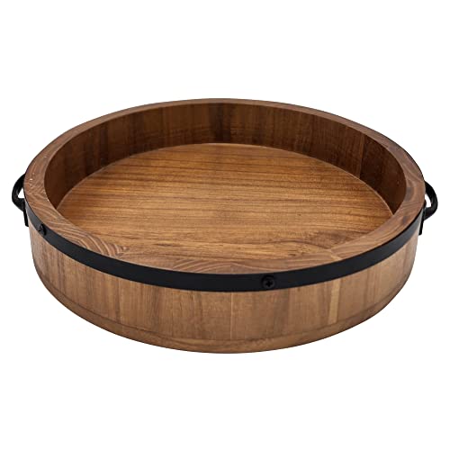 Rustic Round Wood Coffee Table Tray with Metal Handles - 13" Farmhouse Serving Tray for Food & Drinks Storage.