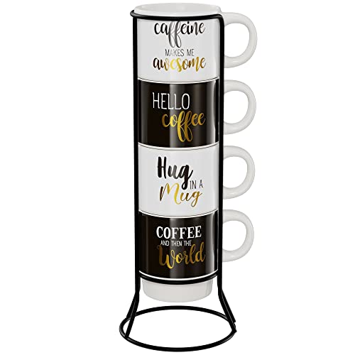 American Atelier Coffee Mug Set with Coffee Mug Rack | Coffee Mugs Set of 4 | Stackable Coffee Mugs with Rack | Coffee Cup Set with Coffee Cup Rack | Coffee World Print | 14oz Capability.
