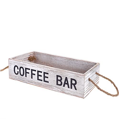 Organize Your Coffee Station in Style with our Vintage White Wooden Coffee Pod Holder - Rustic Storage Box with Rope Handle for K Cups and Coffee Accessories.