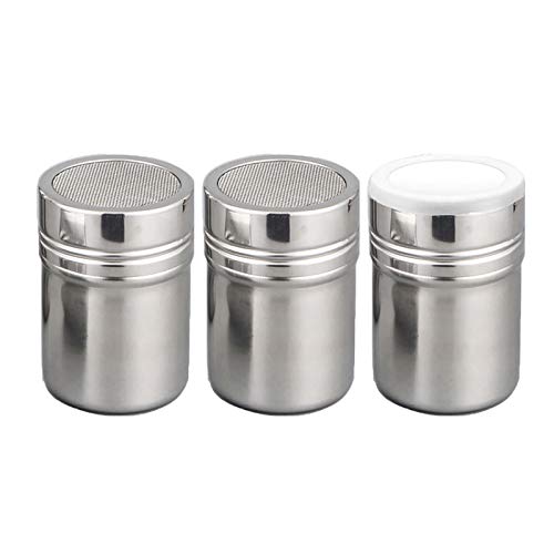 3-Pack Stainless Steel Powder Sugar Shakers with Lids - Fine Mesh Sifter for Cocoa, Cinnamon, Icing Sugar, and Chocolate Coffee - Perfect for Small Portions.