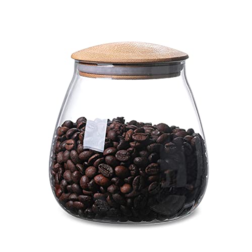 800 ML/26 FL OZ Clear Cute Glass Storage Canister Holder with Hermetic Bamboo Lid, Spherical Trendy Ornamental Container Jar for Coffee, Spice, Sweet, Salt, Cookie, Condiment, Pepper, Sugar.