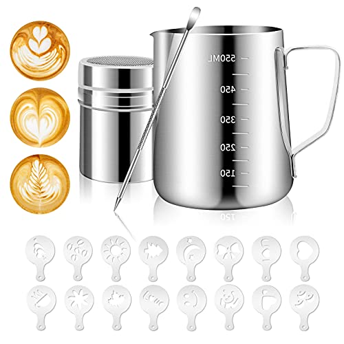 Create Perfect Latte Art with 20oz/600ml Stainless Steel Milk Frothing Pitcher, Art Pen, Powder Shaker, and Coffee Stencils - Ideal for Coffee, Cappuccino, and More!