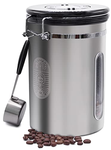 Stainless Steel Coffee Canister - , CO2-Release Valve, and Measuring Scoop for Coffee, Beans, Tea, Sugar - Silver Elegance