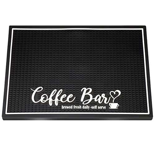 Coffee Bar 18 x 12 Inch Stylish Service Bar with 1 cm Thick Non Slip Spills for Coffee Machine, Coffee Bar, Coffee Station Equipment, Countertop or Kitchen Bars (Black, Coffee Bar).