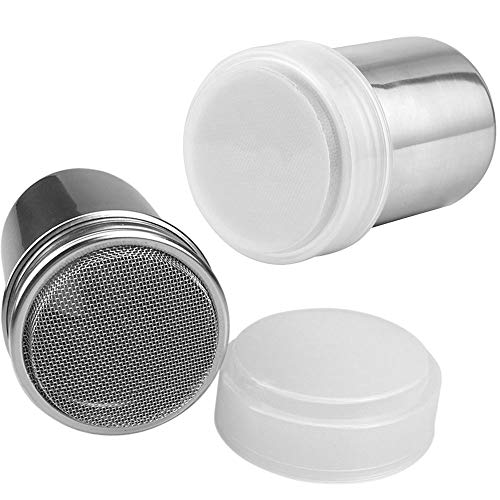 Sprinkle Perfection: 2 Piece Stainless Steel Lidded Powder Sugar Shaker for Coffee, Cappuccino, and Latte