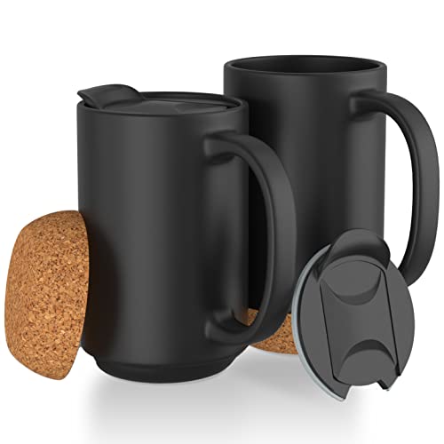 Upgrade Your Coffee Experience with the Oversized 17 oz. Cork Base Ceramic Mugs - Set of 2 - with Spillproof Lids and Insulated Cork Bottom for Your Favorite Hot Beverages - Now in Sleek Black.