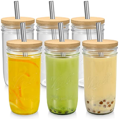 Mason Jar Cups with Lids and Straw, Bubble Tea Cups,24 Oz ECO Reusable Vast Mouth Bamboo Lids Consuming Glasses,Glass Tumbler for Juice Coffee Milkshake Jam, Juices, Honey, Cocktail(Set of 6 ).