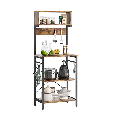 Kitchen Baker's Rack Microwave Oven Stand Kitchen Shelf with Hutch 8 Aspect Hooks Coffee Station Utility Storage Shelf for Kitchen Eating Room Residing Room.