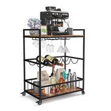 Vintage Elegance: 3-Tier Rustic Brown and Black Serving Cart with Wine Rack