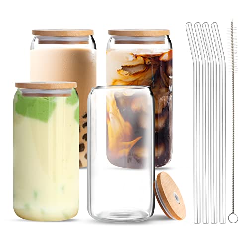 Glass Set with Bamboo Lids and Glass Straws - Versatile Drinking Glasses for Water, Soda, Tea, Coffee