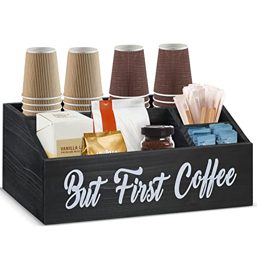 Wooden Coffee Station Organizer with Pod Holder - Perfect for Coffee Lovers and Bar Decor - Black.