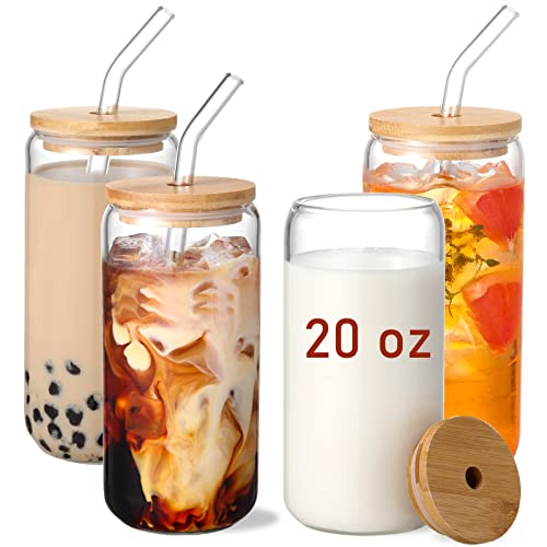 20 oz Glass Cups with Bamboo Lids and Glass Straw - Set of 4 Beer Can Shaped Drinking Glasses