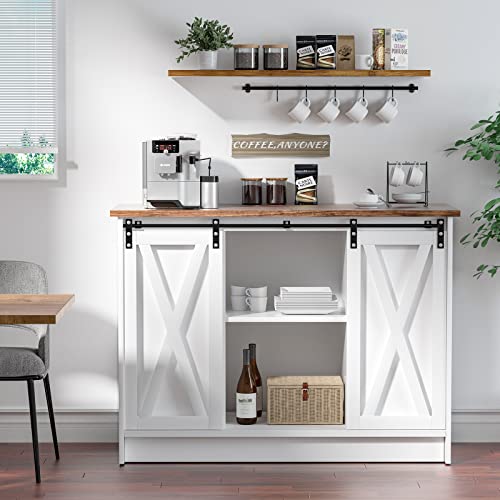 42" White Coffee Bar Cabinet with Sliding Barn Doors and Wooden Tabletop - Perfect for Kitchen and Dining Room Storage and Decor.