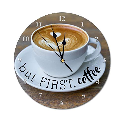 Funny 'But First Coffee' Kitchen Clock - 10 Inch PVC Round Clock for Home and Office Decor.