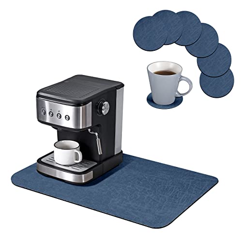 Coffee Mat Dish Drying Mat, and 6 pcs Coffee Cup Mats,Conceal Stain Rubber Backed Absorbent Coffee Bar Pads, Dish Drying Kitchen Pads for Countertop, Non-Slip, Match Below Coffee Maker, for Spills, Bars, blue.