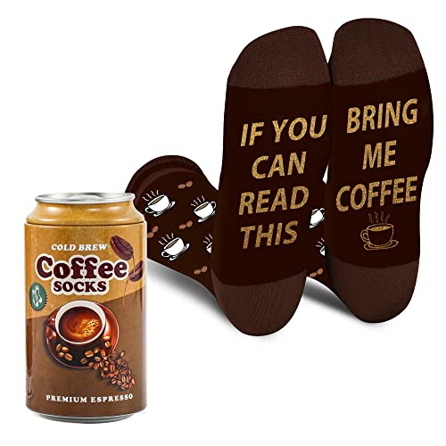 Novelty "Bring Me Coffee" Socks for Men, Women, and Teens - Funny Coffee Lover Gifts with Silly Saying - Perfect for Gag Gift, Stocking Stuffers, and Cool Present Ideas.