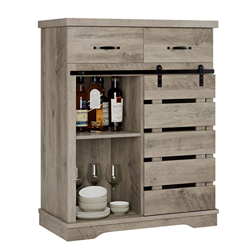 Ash Grey Farmhouse Style Sliding Barn Door Sideboard Buffet Cabinet with 2 Drawers and 2 Cabinets, Ideal for Kitchen, Living Room, Dining Room, or Entryway Storage.
