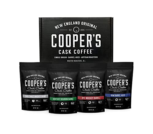 Set of 4 Barrel Aged Ground Coffees - Bourbon, Whiskey, Rye, and Rum Flavors - Single Origin Beans from Colombia, Sumatra, Ethiopia, and Rwanda - 16oz Bags.