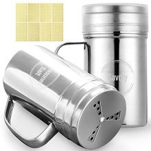 Seasoning Shaker 14 oz with Deal with and Lid, Outgeek 2PCS Flour Spice Shaker & 144Label, Metallic Salt and Pepper Shakers Dredge Shaker, Cinnamon Powder Sugar Shaker Popcorn Salt Shaker for Kitchen.