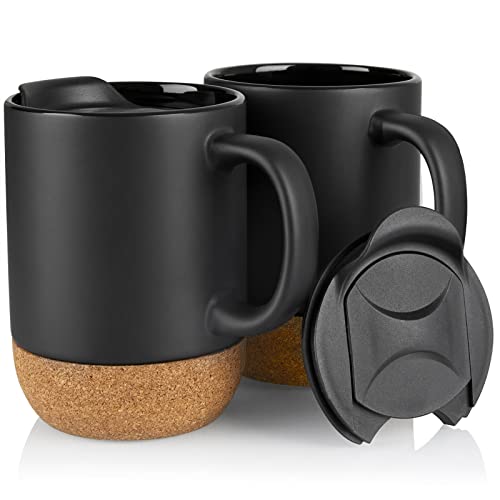 Ceramic Espresso Mug with Lid, ALELION 15 oz Matte Black Mug Set with Cork Bottom and Spill-resistant Lid, Giant Espresso Mugs for Males, Reusable Espresso Cups with Lids and Deal with, 2Pcs.
