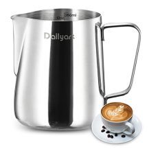 Milk Frothing Pitcher, Dailyart 12oz/350ML Milk Frother Cup 304 Stainless Metal Espresso Milk Steaming Pitcher, Espresso Machine Equipment, Barista Device, Milk Pitcher for Cappuccino, Latte Art.