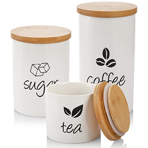 3 Pack Ceramic Canister Set, 30/22/12 OZ Kitchen Airtight Food Storage Jar with Bamboo Lids, Coffee Sugar Tea Storage Containers Pots Jars for Counter, Farmhouse Kitchen Decor, White.